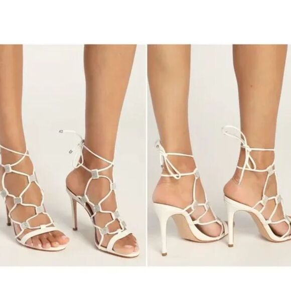 Schutz Kallie Nappa 8B White Leather Strappy 3'' Rhinestone Lace Up Heel's - Picture 2 of 10